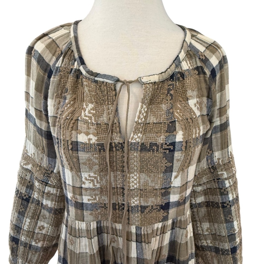 Johnny Was 3J Workshop Embroidered Plaid Tunic Blouse Boho Neutral Small - Picture 6 of 14